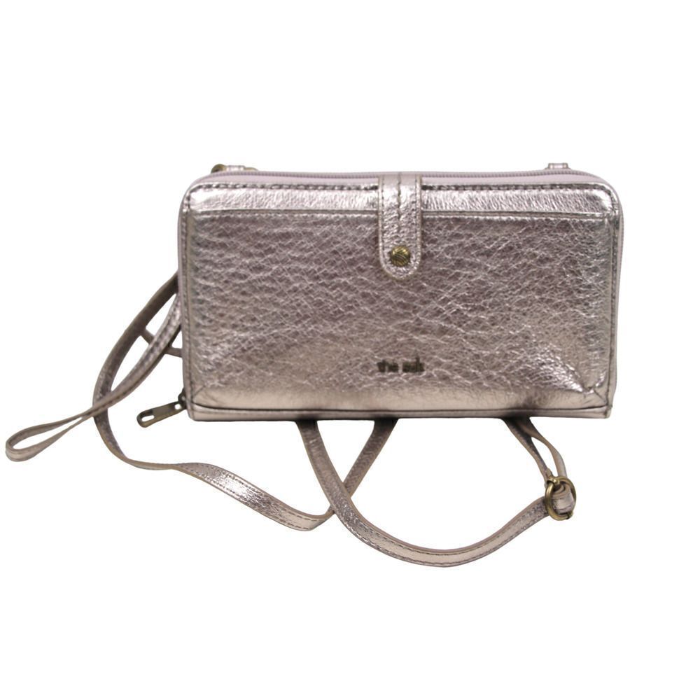 THE SAK ANTIQUE SILVER GENUINE LEATHER XBODY ORGANIZER SHOULDER BAG PURSE CLUTCH